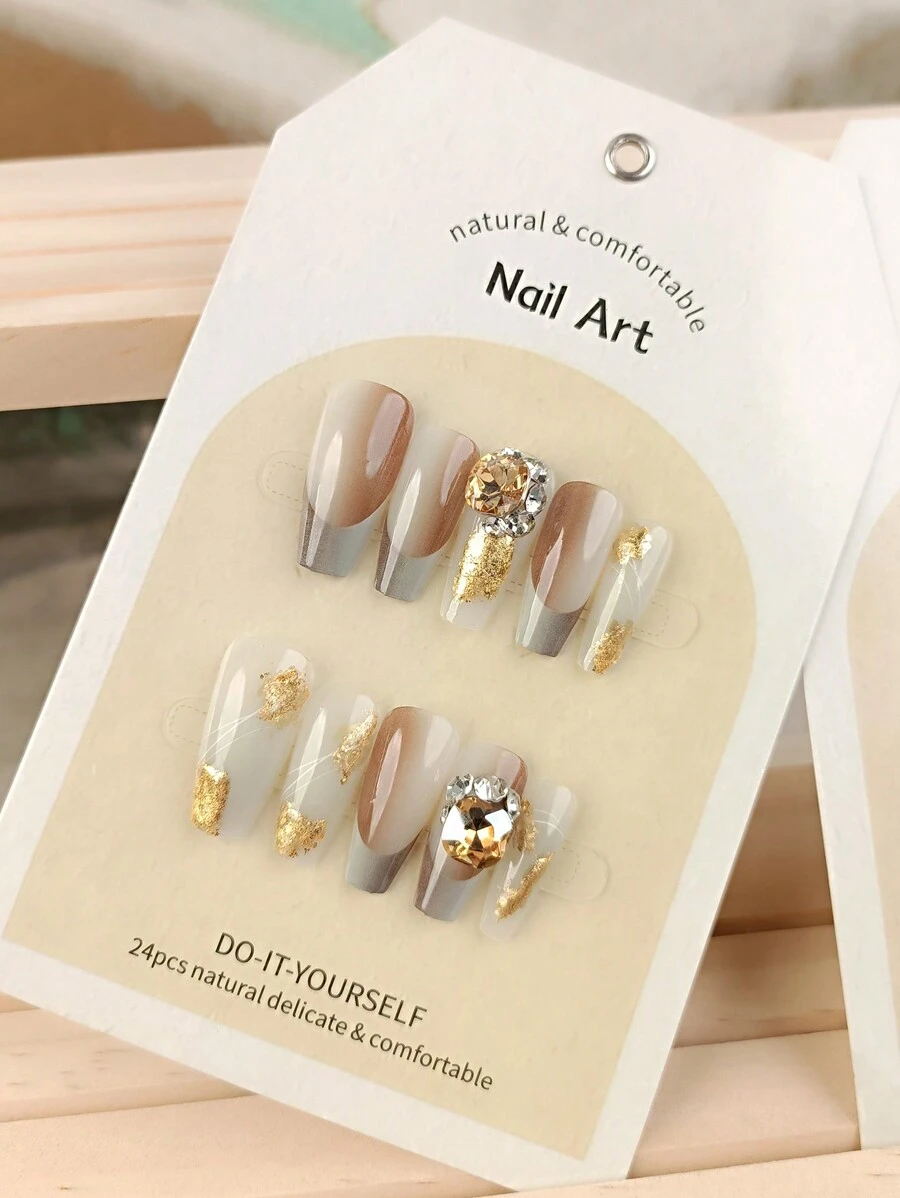 Y2k風格美甲24入組,手工3d繪畫,超光澤壓克力假指甲長款芭蕾娜式,金色法式閃光漸變高貴時尚哥德風可愛亮晶晶水鑽飾面,可重複使用假指甲 - 金色 - 查看 1