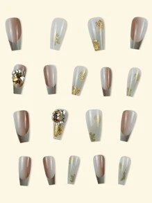 Y2k風格美甲24入組,手工3d繪畫,超光澤壓克力假指甲長款芭蕾娜式,金色法式閃光漸變高貴時尚哥德風可愛亮晶晶水鑽飾面,可重複使用假指甲 - 金色 - 查看 4