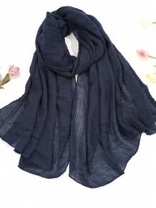 1 件純色褶皺薄圍巾/披肩/圍巾,超大尺寸,適合日常工作和休閒穿著 - 藏蓝色 - 查看 1