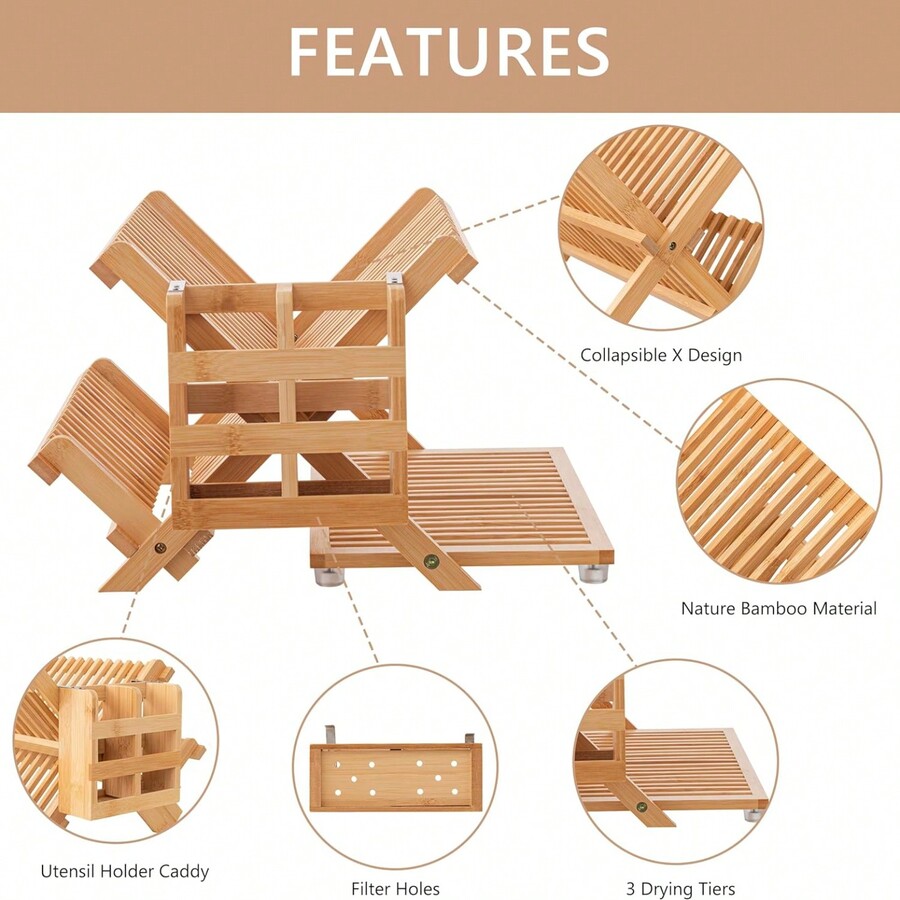 HBlife Dish Rack, Bamboo Folding 2Tier Collapsible Drainer Dish Drying
