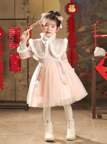 青少女加厚粉色新年派對連衣裙，節慶連衣裙 - 粉色 - 查看 1