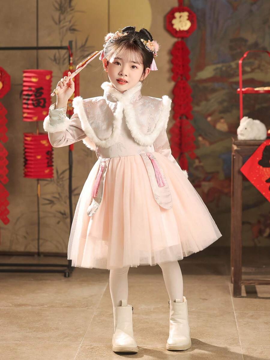 青少女加厚粉色新年派對連衣裙，節慶連衣裙 - 粉色 - 查看 1