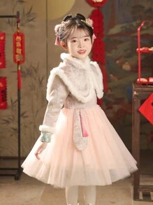 青少女加厚粉色新年派對連衣裙，節慶連衣裙 - 粉色 - 查看 6