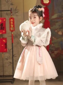 青少女加厚粉色新年派對連衣裙，節慶連衣裙 - 粉色 - 查看 4