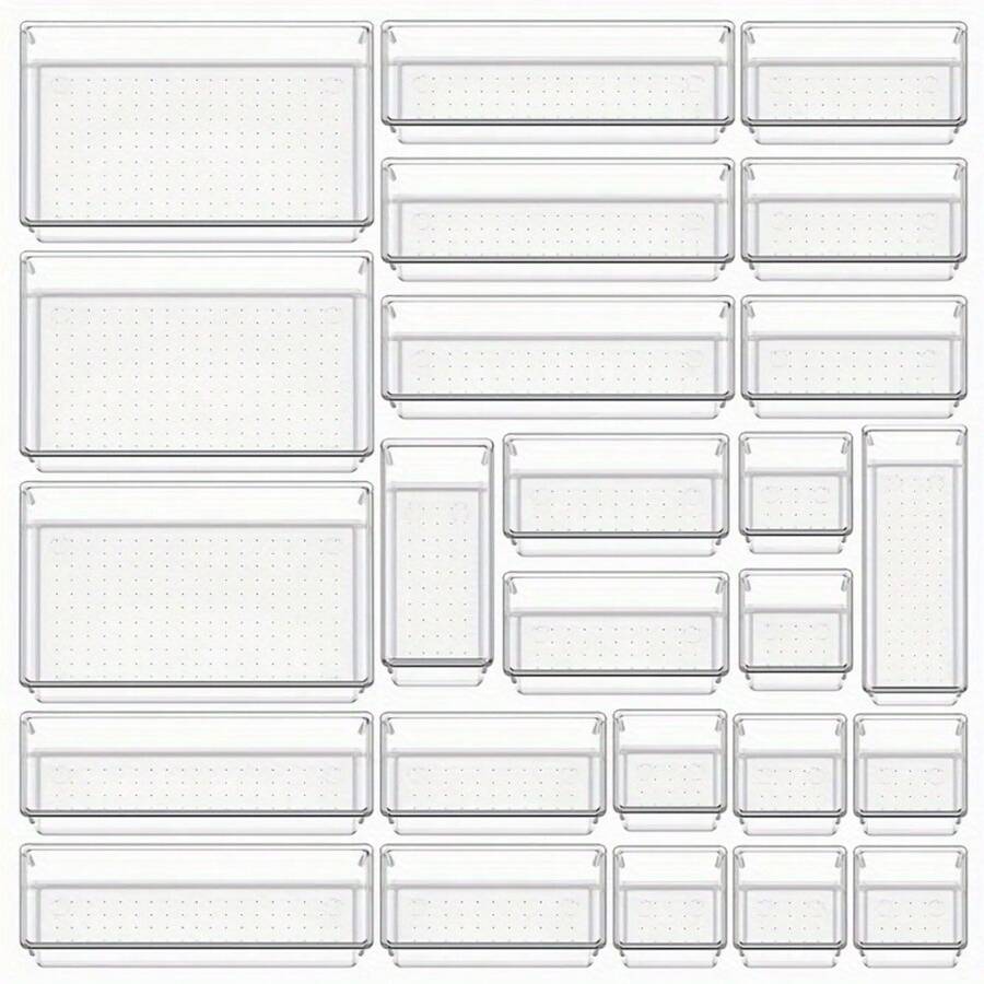 THELIFE 9/25pcs Clear Plastic Drawer Organizer Set, 4 Sizes Multifunctional Bathroom And Vanity Drawer Organizer Trays For Effortless Makeup, Kitchen, And Office Storage Solutions, Perfect For Holiday Decor, Autumn Festivities, And Seasonal Room Enhancements, Ideal For Christmas, Thanksgiving, New Year, And Valentine's Day Celebrations, Elevate Your Home Organization And Style With Versatile Storage Boxes For Every Occasion - White - View 1