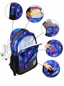 18.5英寸/47cm 3入組男女童用背包、午餐盒和文具盒。適用於露營、旅行、日常休閒使用。具有加厚背板和可調節肩帶、印花設計、時尚穿搭。 - 藍色 - 查看 2