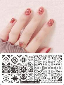 1入組6*12cm指甲藝術印花鋼板不銹鋼轉印模板對稱圖案平面圖案指甲藝術DIY轉印模板工具Finger Angel-V25 - 藍色 - 查看 1