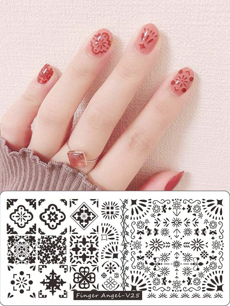 1入組6*12cm指甲藝術印花鋼板不銹鋼轉印模板對稱圖案平面圖案指甲藝術DIY轉印模板工具Finger Angel-V25 - 藍色 - 查看 1