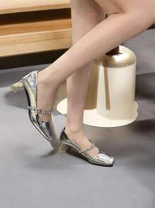 銀色鞋子優雅厚跟女式方頭寶石帶舞廳鞋 - 銀色 - 查看 4