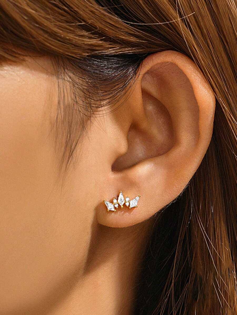 1對時尚皇冠耳釘女士925銀18k鍍金潮流配件2023趨勢,適合我的愛人每日佩戴,感恩節完美禮物 - 金色 - 查看 1