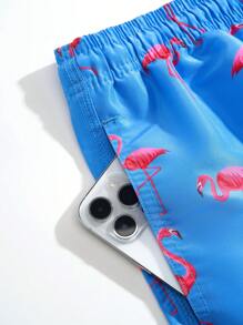 1pc Men's Woven Flamingo Patterned Beach Shorts With Drawstring, Swimming Trunks - Blue - View 3