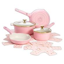 Nonstick Cast Aluminum Cookware Set With Heart Shaped Lid Knobs, Pink - Pink - View 2