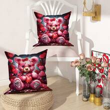2Pcs Bear Rose Heart-Shaped Purple Valentine'S Day Throw Pillow Covers, Valentine'S Day Cute Mechanical Goth Cool Pillow Covers, Velvet 45*45Cm/18"*18" Decorative Cushion Covers, Suitable For Home Decoration Party Gifts Living Room/Bedroom/Sofa/Bed Decoration - Red - View 3