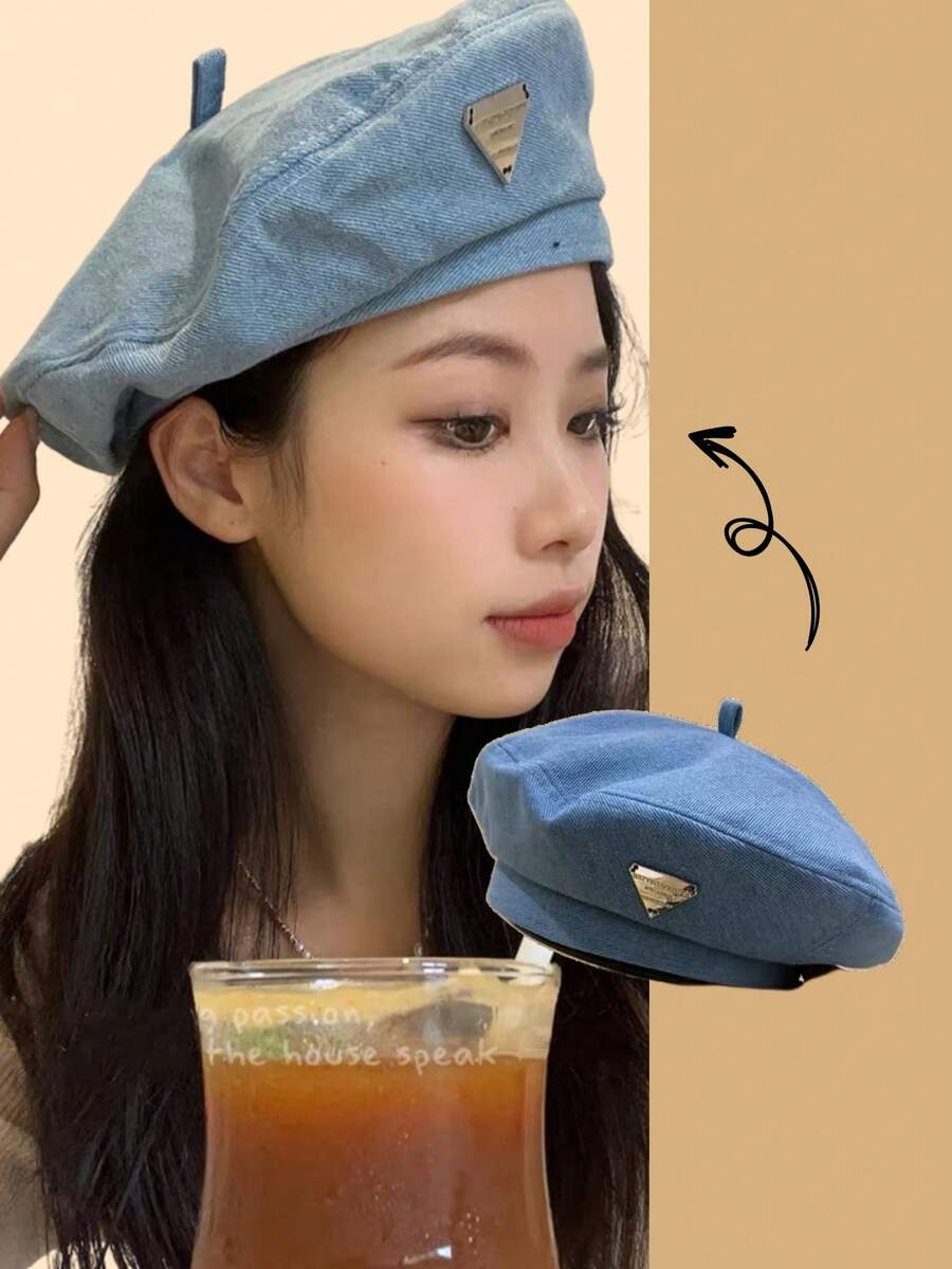 1只女式金屬扣可調節丹寧貝雷帽,別緻復古藝術風格的日常穿搭畫家帽 - 彩色 - 查看 1