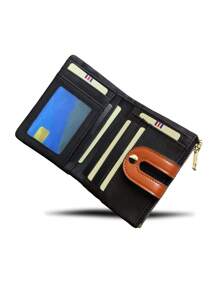 MIYIN女士雙折PU皮革小錢包，配有拉鍊口袋和卡槽及ID窗口，女士迷你零錢包，日常時尚對比色扣緊緊湊薄便攜錢包，適用於女士和年輕女孩上班上學，可作為結婚週年日禮物、生日禮物、情人節禮物（黑色） - 黑色 - 查看 3