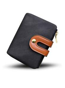 MIYIN女士雙折PU皮革小錢包，配有拉鍊口袋和卡槽及ID窗口，女士迷你零錢包，日常時尚對比色扣緊緊湊薄便攜錢包，適用於女士和年輕女孩上班上學，可作為結婚週年日禮物、生日禮物、情人節禮物（黑色） - 黑色 - 查看 1