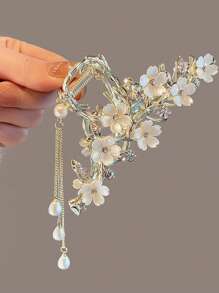 1入女士髮夾,適用於高馬尾和包子頭,帶有蝴蝶、音符、鑲鑽和珍珠裝飾,日常使用 - 金色 - 查看 6