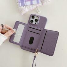 1pc Solid Color Litchi Texture Denim Pattern Lanyard With Built-In Makeup Mirror, Multi-Card Wallet Style Shockproof PU Leather Phone Case Compatible With IPhone 17 Air 16 15 14 Plus 13 12 11 Pro Max, Galaxy S20 S21 FE S22 S23 S24 Plus Note 20 Ultra A52 A52 A54 A03 A12 A13 A14 A21 A22 A23 A24 A32 A34 A42 A71 A72 A81 5G 4G, Pixel 10 9 8 7 6 Pro 7a 6a 4 XL, Edge 30