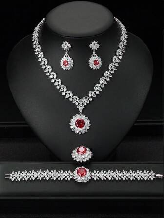 1 Set de 5 piezas de Joyería estilo Europeo y Americano, incluyendo Collar, Aretes, Pulsera, Anillo, Accesorios decorativos florales para Vestido de Novia, Fiesta de Noche, Compromiso, Regalo para Mujeres