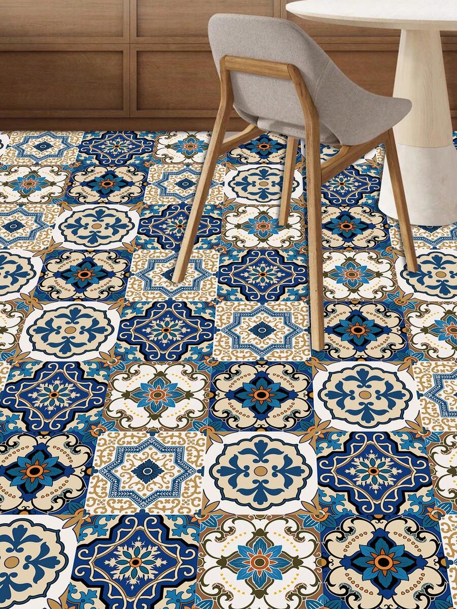 1 Set / 10 Piezas Losetas Autoadhesivas De Decoración De Suelo Pvc Removible Y Adhesivo De Pared Cuadrado Impermeable Con Patrón Floral De Estilo Europeo, Adecuado Para La Decoración Del Hogar - Multicolor - Ver 1