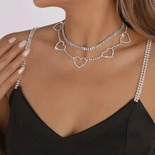 1條多層愛心頸鏈,鑲嵌鑽石細節雙鏈,簡約風格,適用於生日、派對等場合 - 銀色 - 查看 2
