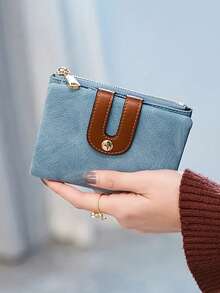 MIYIN Women's Bifold PU Leather Small Wallet With Zipper Coin Pocket & Card Slot & ID Window Ladies Mini Coin Purse For Daily Fashion Contrast Color Buckle Compact Slim Compact Thin Portable Purse For Ladies And Young Girls Work Business Commute For Anniversary For Birthday Gift On Valentine Day Gift (Blue) - Blue - View 5