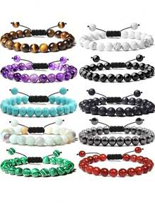 1 PC 8mm Semi-Precious Gemstone Bracelet Set Healing Crystal Stone Bracelets For Men Women Round Beaded Adjustable Macrame Bracelets