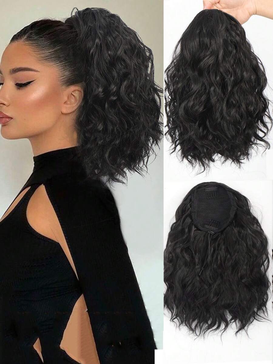16 Inch Afro Kinky Curly Synthetic Hair Ponytail Extension For Daily Wear, Black Color, Suitable For African Women