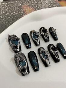 10入組/套手工製作的t形假指甲,配有黑色貓眼和歐美流行的金屬元素、新月形狀、蛇、骷髏、3d裝飾藝術,適用於日常使用和派對美甲貼紙套裝 - 黑色 - 查看 3