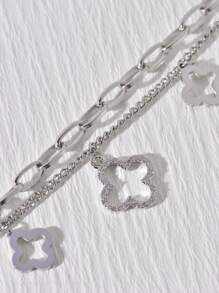 1 件时尚双层四叶草设计钛钢手链，适合女性情人节、妈妈、母亲、母亲节、礼物 - 銀色 - 查看 2