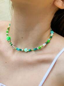 1入組甜美且時尚的彩色樹脂花、柔軟粘土和人造珍珠裝飾的手工串珠項鍊，適用於女性日常穿戴 - 花朵愛-綠色 - 查看 1