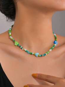 1入組甜美且時尚的彩色樹脂花、柔軟粘土和人造珍珠裝飾的手工串珠項鍊，適用於女性日常穿戴 - 花朵愛-綠色 - 查看 2