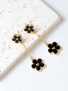 1pair Fashionable Multicolor Five-petal Flower Shaped Long Dangle Earrings With Heart Shaped Middle Pendant, Suitable For Women & Girls' Elegant Style Tassel Ear Jewelry Clothing Accessories - Black - View 7