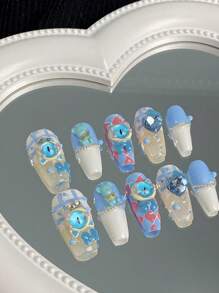 10入組長款手繪指甲,美白、鹹甜、藍色和怪物主題可愛美甲,完美貼合設計,適合女性日常工作和派對