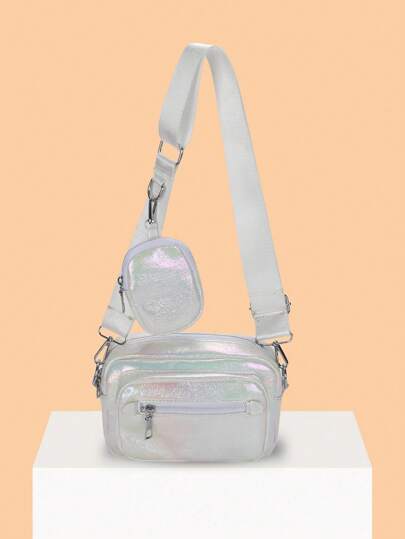 女生2件套，亮面pu拉链单肩斜挎包，时尚百搭小方包，适合日常当手机包和零钱包用