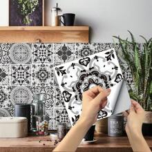 24pcs Retro Black/White/Grey Flower Tile Stickers For Kitchen & Oil-Proof Wall Decals For Home Decor, Wall Tile Improvement, 15x15cm - Black and White - View 1