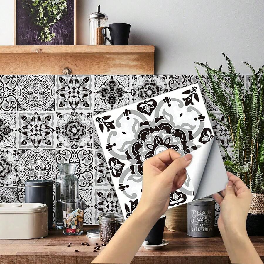 24pcs Retro Black/White/Grey Flower Tile Stickers For Kitchen & Oil-Proof Wall Decals For Home Decor, Wall Tile Improvement, 15x15cm - Black and White - View 1