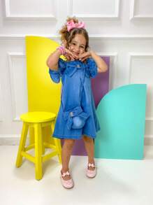 Meninas Crianças Vestido Jeans de Laço com Bolsinha Jeans
