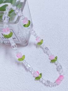 1入組韓國ins風格鬱金香花和串珠鑰匙扣和手機掛繩,適合手機殼,ccd相機,手提包反貨損diy禮物 - 粉色 - 查看 4