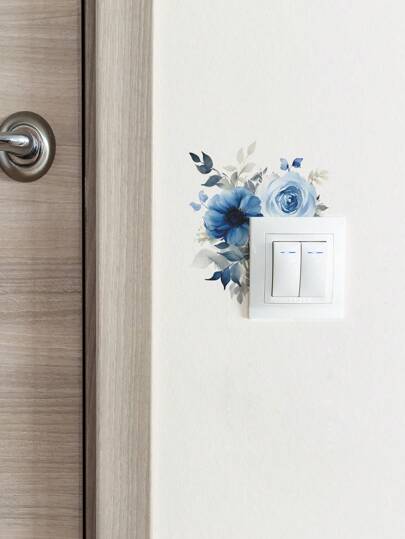 1 pièce Autocollant de commutateur de conception florale à l'aquarelle bleue, autocollants, sticker mural, décalcomanie en vinyle pour la décoration de la maison, articles de décoration printanière pour rafraîchir votre maison, autocollants de décoration de fête, cadeaux pour anniversaire et remise de diplôme