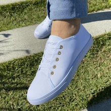 女士休闲鞋，春秋季百搭轻便平底系带白鞋 - 白色 - 查看 2