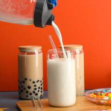 8 Pcs Drinking Glass Cups With Bamboo Lids And Glass Straw - 16 Oz Beer Can Shaped Glass Cups, Ice Coffee Cup Cute Glasses Tumbler  For Soda Boba Tea Cocktail Include 2 Cleaning Brushes - 無色 - 查看 6