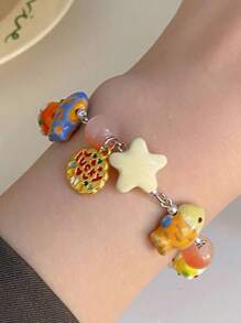 1入時尚合金和人造珍珠串珠卡通魚、星星、蝴蝶結裝飾手鍊，適合女性日常佩戴和生日禮物 - 彩色 - 查看 3