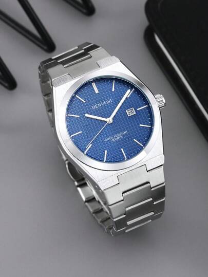 1pc Men Stainless Steel Watch Band Fashion Business Waterproof Date Display Quartz Wristwatch For Daily Decoration Father