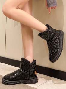 Women's Fashionable Fur Trimmed Waterproof Leather Winter Boots, Thick Plush Lining, New Style Students' Versatile Shining Black Short Boots - Black - View 6