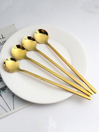 4pcs Gold Stainless Steel Long Handled Teaspoons For Coffee, Dessert, Milk Powder, Honey, Mixing Spoon,Kitchen,Christmas Gift