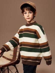 Tween Boy 休闲拼色条纹高领毛衣，秋冬款 - 彩色 - 查看 9