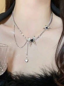 1pc Fashionable Black Butterfly & Heart Shape & Tassel Pendant Necklace For Women's Sweater - Black - View 5