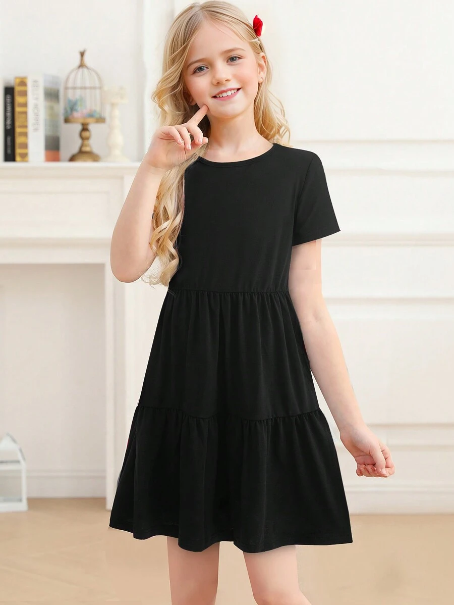 青少年女孩素色荷葉邊連衣裙 - 黑色 - 查看 1