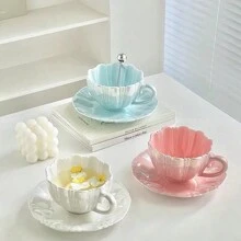 附碟陶瓷咖啡杯套裝,可愛創意花杯碟套可用於辦公室和家庭,可洗碗機和微波爐使用,8.5盎司 / 250毫升適用於拿鐵茶牛奶 - 白色 - 查看 3